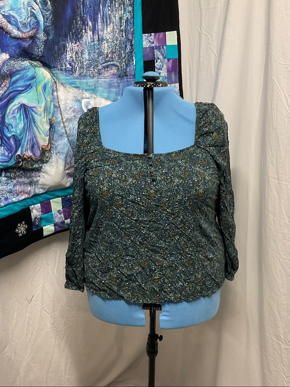 Reitmans Teal Floral Square-Neck Blouse